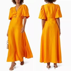 Sandro Rambla Twist V-Neck Puff Sleeve Maxi Dress Orange‎ Size 40 Large